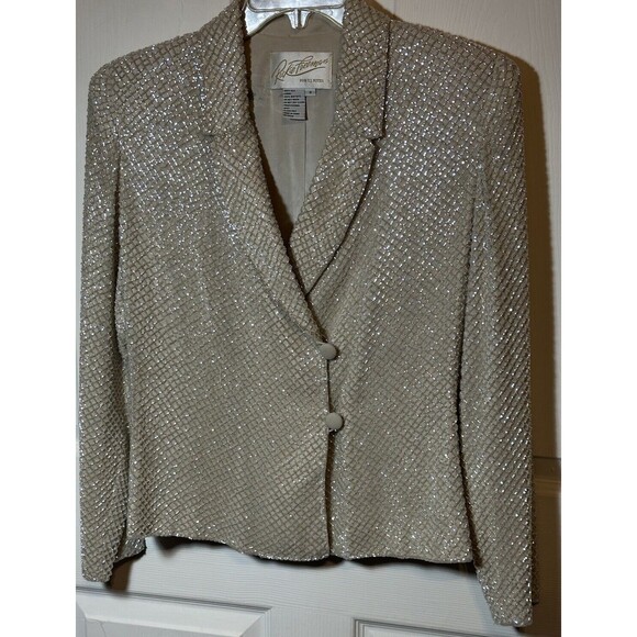 Rickie Freeman for Tj Nites Blazer Wm Sz 8 Clear Iridescent Seed Bead 100% Silk - Picture 1 of 10